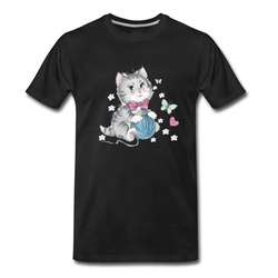 Men's Adorable Kitten with blue knit ball T-Shirt - Black